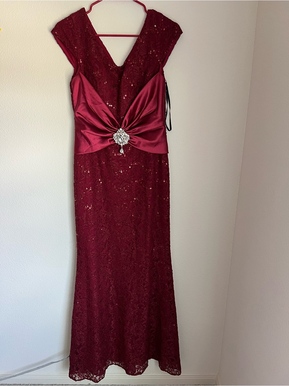 Eureka Burgundy Lace Maxi Dress with Satin Waist Detail